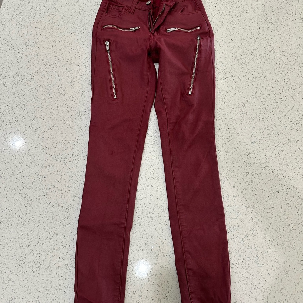Fashion Nova Burgundy Skinny Jeans with Zipper Accents